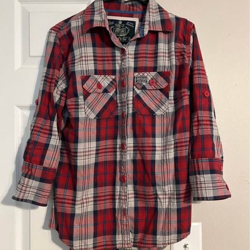 Superdry Women’s Large Red Navy Plaid Button Up Shirt Roll Tab Sleeves
